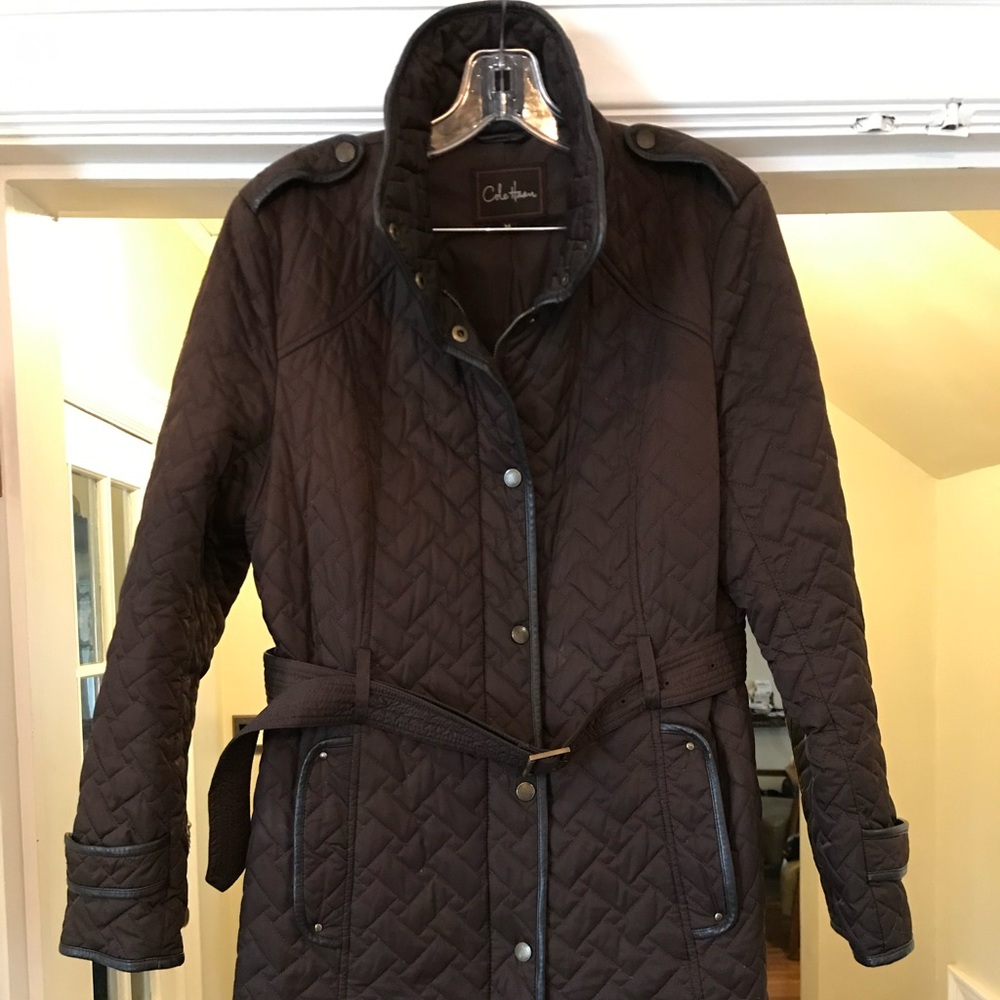 Cole Haan brown quilted belted midi coat